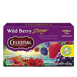 $2.66 S&S 10% off Q Celestial Seasonings Caffiene Free Flavors: Wild Berry, Raspberry, Tangerine Orange or Variety Pack , 20 Tea Bags Box