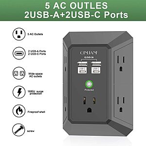 Surge Protector, QINLIANF 5 Outlet Extender with 4 USB Ports(2USB-C) | 1680 Joules, 3-Sided Power Strip, Multi Plug Wall Outlet Adapter Spaced for Home, Black $13.49