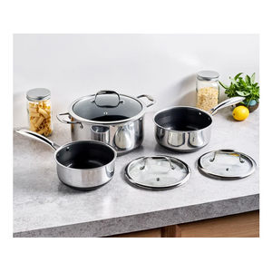 $179.99 | HexClad Hybrid Nonstick 6-Piece Pot Set, 2, 3, and 8-Quart Pots with Tempered Glass Lids at Woot!