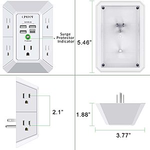 Wall Charger, Surge Protector, QINLIANF 5 Outlet Extender with 4 USB Ports | 1680 Joules, 3-Sided Power Strip, Multi Plug Wall Outlet Adapter $9.98