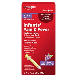 $2.44 S&S Amazon Basic Care Infants' Pain & Fever Reducer, Acetaminophen 160 mg per 5 mL, Dye-Free Grape Flavor, 2 fl oz Buy 4/save 10%