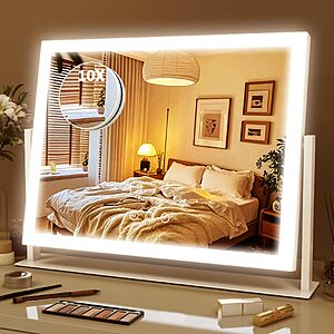 ROLOVE Lighted Makeup Mirror 16.3"x12.6", Hollywood Vanity Mirror with 10X Magnifier, 3 Color LED Lighting Modes, Smart Touch Control & 360° Rotation, Tabletop Makeup Mirror $17.49
