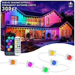 CINSGAG 300FT RGB+IC Permanent Outdoor Lights, IP67 Waterproof, Smart App/Remote Control LED Eave Lights, with Music Sync, DIY Scenes Modes $79.99