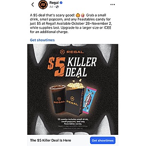 Regal Cinemas Killer Deal (small drink, small popcorn, feastables candy) $5
