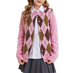 GRACE KARIN Girls Pink Cardigan Sweater Size 14 Button Argyle Knit $9.99 AC