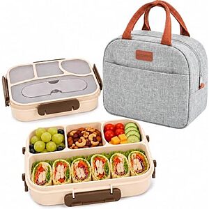 $7.99* | Easyfun 4-Compartment Bento Lunch Box w/ Carrying Tote Bag (Grey) at Amazon