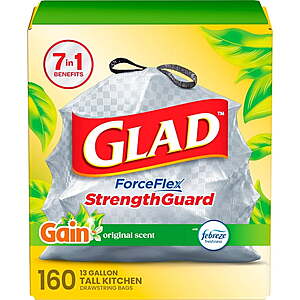 $16.48 Sams Club Glad ForceFlex Tall Kitchen Drawstring Trash Bags, Gain Original scent with Febreze Freshness, 13 Gallon, 160 ct.