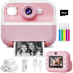 DUDUDRAGON Kids Instant Print Camera w/ Dual Selfie Lens, 1080P Video, 32GB SD Card & 3-Roll Print Paper (Pink) $17.99, (Blue) $19.99 + Free Shipping