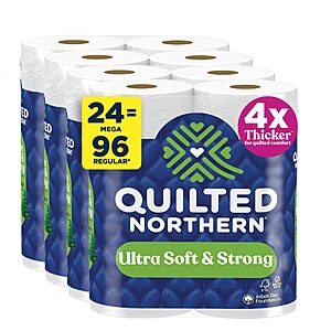Quilted Northern Ultra Soft & Strong Toilet Paper, 24 Mega Rolls = 96 Regular Rolls, 4X Stronger*, Premium Soft Toilet Tissue @ Amazon subscribe & save $18.9