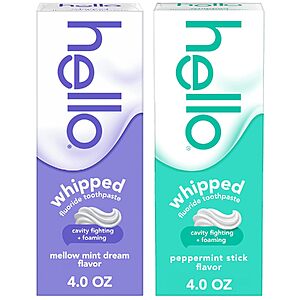 2-Pack 4-Oz hello Whipped Fluoride Toothpaste (Mint & Peppermint) $8.02 w/ S&S + Free Shipping w/ Prime or on $35+