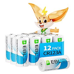 EBL 12 Count CR123A 3V Lithium Battery 1600mAh High Capacity CR123 CR17345 for Arlo Pro/Go $13.99