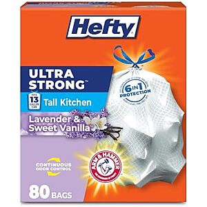 [SnS] $10.03 | 80-Count Hefty Ultra Strong Tall Kitchen 13 Gallon Trash Bags (Lavender & Sweet Vanilla) at Amazon