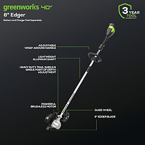 Greenworks 40V 8" Brushless Edger, Battery and Charger Not Included | 8" Brushless Lawn Edger, Curb Wheel, Tool-Free Depth Adjustment $129.99