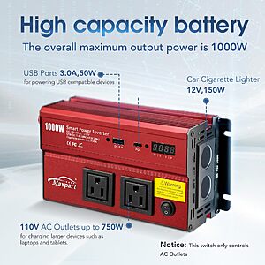 $60 AMAZON FS Car 1000W Inverter 12V DC to 110V AC Power Inverters for Vehicles Portable Vehicle Charger for Trucks, Dual AC Outlets 3.0A USB and Type-C, 12 Volt Inverter