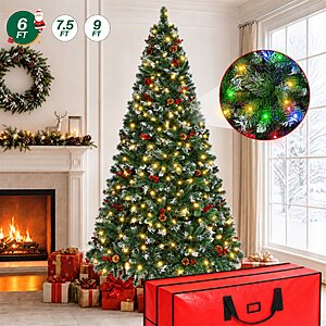 Firstness 6ft Pre-Lit Artificial Christmas Tree with Storage Bag, Warm & Multicolor Xmas Tree with 975 Branch Tips, Pine Cones + Red Berries $59.39