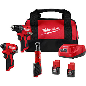 Milwaukee M12 3-Tool Combo Kit w/ 3/8" Brushless Drill/Driver, 1/4" Hex Impact, 3/8" Ratchet & 2 Batteries & Bag $199 + Free Shipping