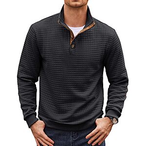 COOFANDY Mens Sweatshirt Long Sleeve Quarter Button Stand Collar Sweater Textured Waffle Knit Warm Pullover Shirt Black $29.99