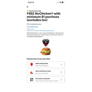 McDonald's free McChicken with $1 purchase in DMV area 10/29/26 only