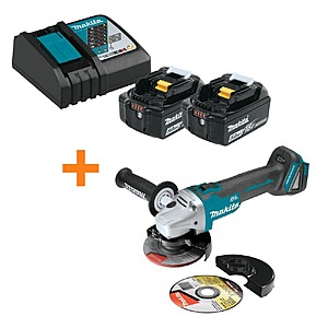 Makita 18-Volt LXT Lithium-Ion Battery and Rapid Optimum Charger Starter Pack (5.0Ah) with 18V LXT Brushless Angle Grinder $199