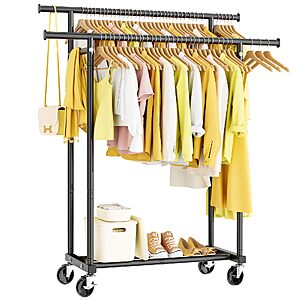 [Prime] 63" HYSEYY Double Rods  Metal Rolling Clothes Rack (Black) $22.19 + Free Shipping
