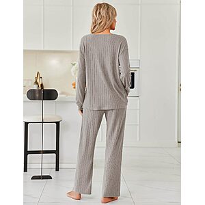 Ekouaer Womens Pajama Set Ribbed Knit Long Sleeve 2 Piece PJs Side Pockets $11.99