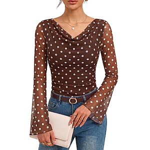 GRACE KARIN Women Boho Mesh Blouse Dressy Cowl Neck Top $11.87