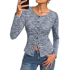 Women Long Sleeve Lightweight Button Up Slim Fit Waffle Knit Shirts $7.5