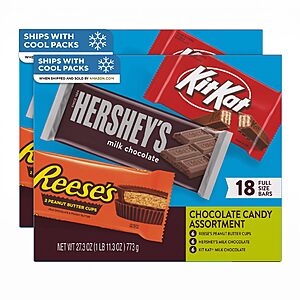 HERSHEY'S, KIT KAT and REESE'S Assorted Milk Chocolate, Full Size Bars Variety Box, 27.3 oz - 18 Count (Pack of 2)