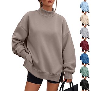 $17.99 Mock Neck Sweatshirt Women Oversized Split Hem Fall Fleece Pullover Hoodie
