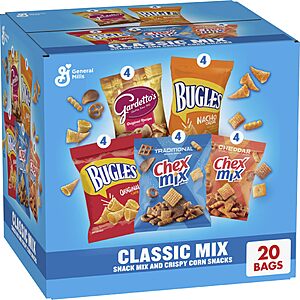 Classic Mix Snack Variety Pack, Bugles, Gardetto's, Chex Mix, 20 ct | Bugles Original and Nacho Cheese, Gardetto's Original , Chex Mix Traditional and Cheddar,28 oz