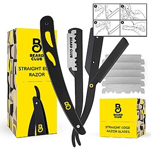 The Beard Club Men's Straight Edge Razor Kit w/ 5 Replaceable Stainless Steel Blades (Black) $2.99 + Free Shipping w/ Prime or on $35+