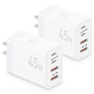45W USB C Charger Block Multiport Adapter Fast Charging | for iPhone 18/Duo/17/16/15/14, Galaxy S26/S25, iPad & More, 2 USB-C & 2 USB-A ports, Compact Wall Charger, 2 Pack $9.99