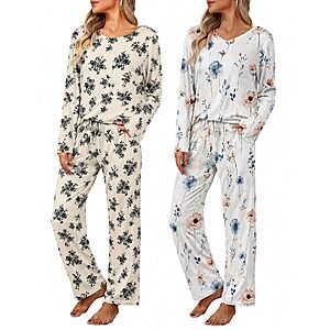 2-Pack Ekouaer Women's V-Neck Long Sleeve Pajama Set (Various) $17.99 ($8.99 each) + Free Shipping w/ Prime or on $35+
