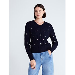 Free Assembly Women's and Women's Plus Cotton Cable Knit Sweater, Midweight, Darkest Navy, Sizes XS-4X - $11.10 $11.26