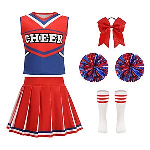 HAPNBCELE 5PCS Cheerleader Costumes for Girls, Cheerleading Outfit Cheer Uniform Halloween Party Sports Theme(Red and Blue, 150CM) $12