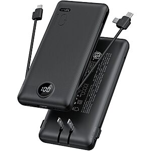 Amazon - VRURC 10000mAh Travel Power Bank w/ Built-In Plug & Cables $13.49 w/ Code + Price Deal