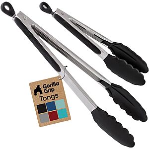 GORILLA GRIP Stainless Steel Kitchen Tongs for Cooking, 2 PK, Black $9.97