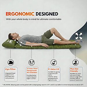 VALEHOWL 1.8Lbs Ultralight Camping Sleeping Pad, R3.0 Air Mattress for Tent $18.99
