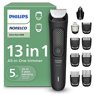 Philips Norelco All-in-One 3000 13-in-1 Trimmer, Face & Hair, Steel Blades Men's Face & Hair Grooming Kit, Full Metal Blades, 60-Minute Runtime $27.96