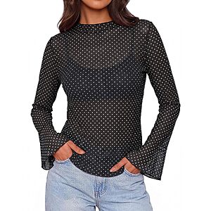 UNCLECAT Women's Mesh Polka Dot Ruffle Bell Long Sleeve Top (Various) $5.99 + Free Shipping w/ Prime or on $35+