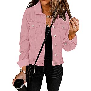 GRAPENT Women's Casual Basic Button Down Long Sleeve Stretchy Jean Trucker Denim Jacket with Pockets Color Pink Large Size 12 Size 14 $23.99