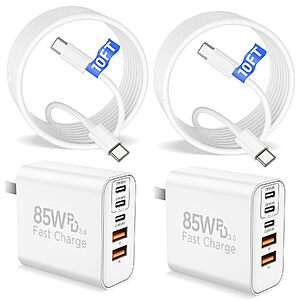 2-Pack 85W 5-Port Cooncxen USB-C Wall Charger w/ 10Ft USB-C Cables (White) $14.24 + Free Shipping w/ Prime or on $35+