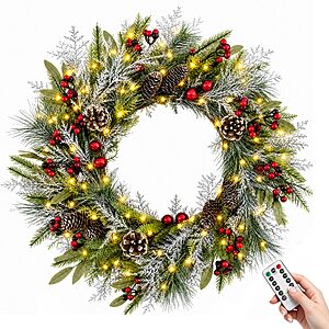 $25.19 AC AMAZON: 50 LED Lights (battery power with remote) 24" Christmas Wreath with Timer, Frosted Pine, Berry & Red Bauble