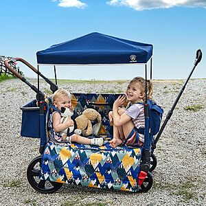 EVER ADVANCED Side-Unzip Wagon Stroller for 2 Kids, Push Pull Stroller with Adjustable Handle, Easy Access Zipper Door, 5-Point Harness, UV-Protection Canopy  Fox Blue $125.99