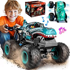 $21.99 FS AMAZON w/Code BEZGAR Monster Truck Toys, 1:20 Remote Control Car with Light & Music Blue Dinosaur  RC Truck with 360° Spins and Drifting