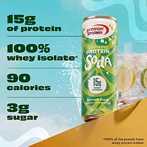 $17.54 S&S Clip Q Premier Protein Sparkling Protein Soda, Lemon Lime, 15g Whey, 12 Pack