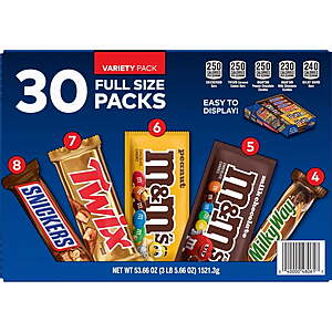 $22.48 Sams Club Mars Full Size Chocolate Candy Bars, Variety Pack, 30 pk.