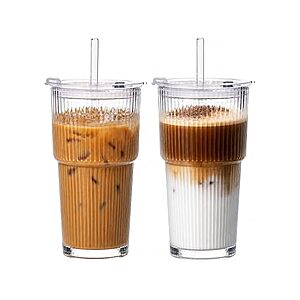 $7.19 | VA1KENE 20oz Glass Iced Coffee Cups with Lids and Straws, 2-Pack at Woot!