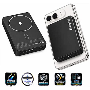 Energizer - 10,000mAh SLIM METAL 20W Magnetic Wireless Qi/Qi2.0/MagSafe PowerBank, Portable Charger, 2 Outputs, LED Display, & USB-C - Black $19.99