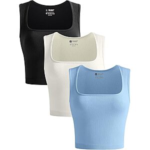 3-Pack Olchee Women's Seamless Ribbed Square Neck Crop Tank Top w/ Tapered Shoulder Strap (Various, Sizes Small -Large) from $8.49 ($2.83 each) + Free Shipping w/ Prime or on $35+
